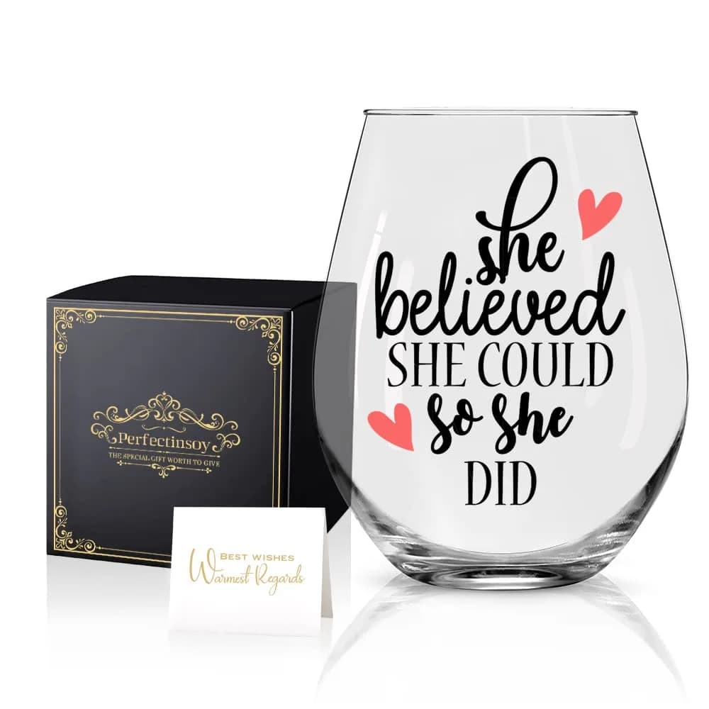 Perfectinsoy She Believed She Could So She Did Stemless Wine Glass 443ml (15 fl oz) | Inspirational Gift for Women — Transparent