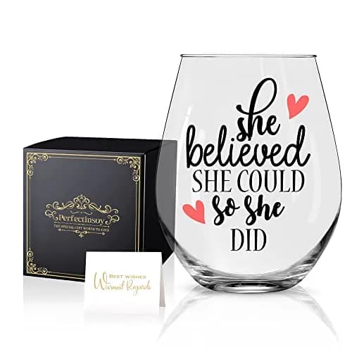 Perfectinsoy She Believed She Could So She Did Stemless Wine Glass 443ml (15 fl oz) | Inspirational Gift for Women thumbnail 1