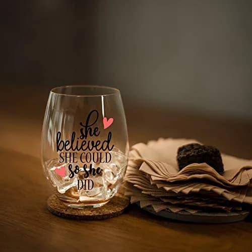 Perfectinsoy She Believed She Could So She Did Stemless Wine Glass 443ml (15 fl oz) | Inspirational Gift for Women thumbnail 5