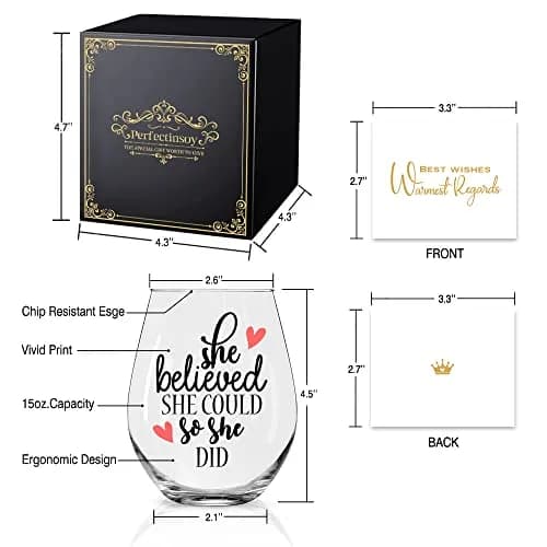Perfectinsoy She Believed She Could So She Did Stemless Wine Glass 443ml (15 fl oz) | Inspirational Gift for Women thumbnail 2
