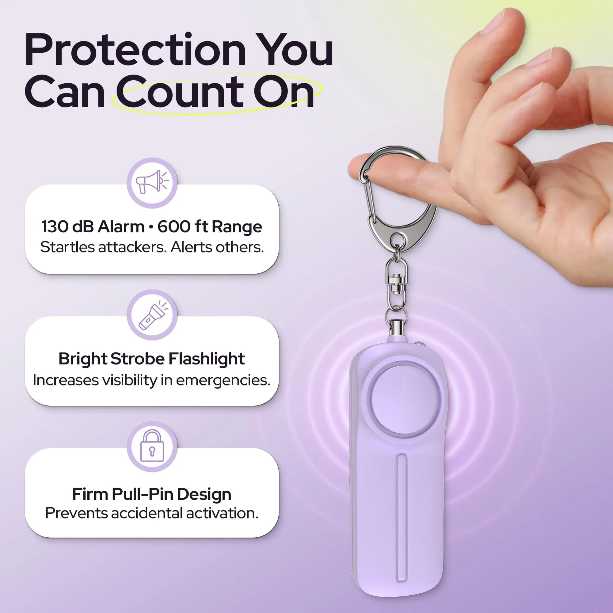 WETEN Personal Safety Alarm Keychain - E - Purple, 130dB Siren & LED Light - view 2
