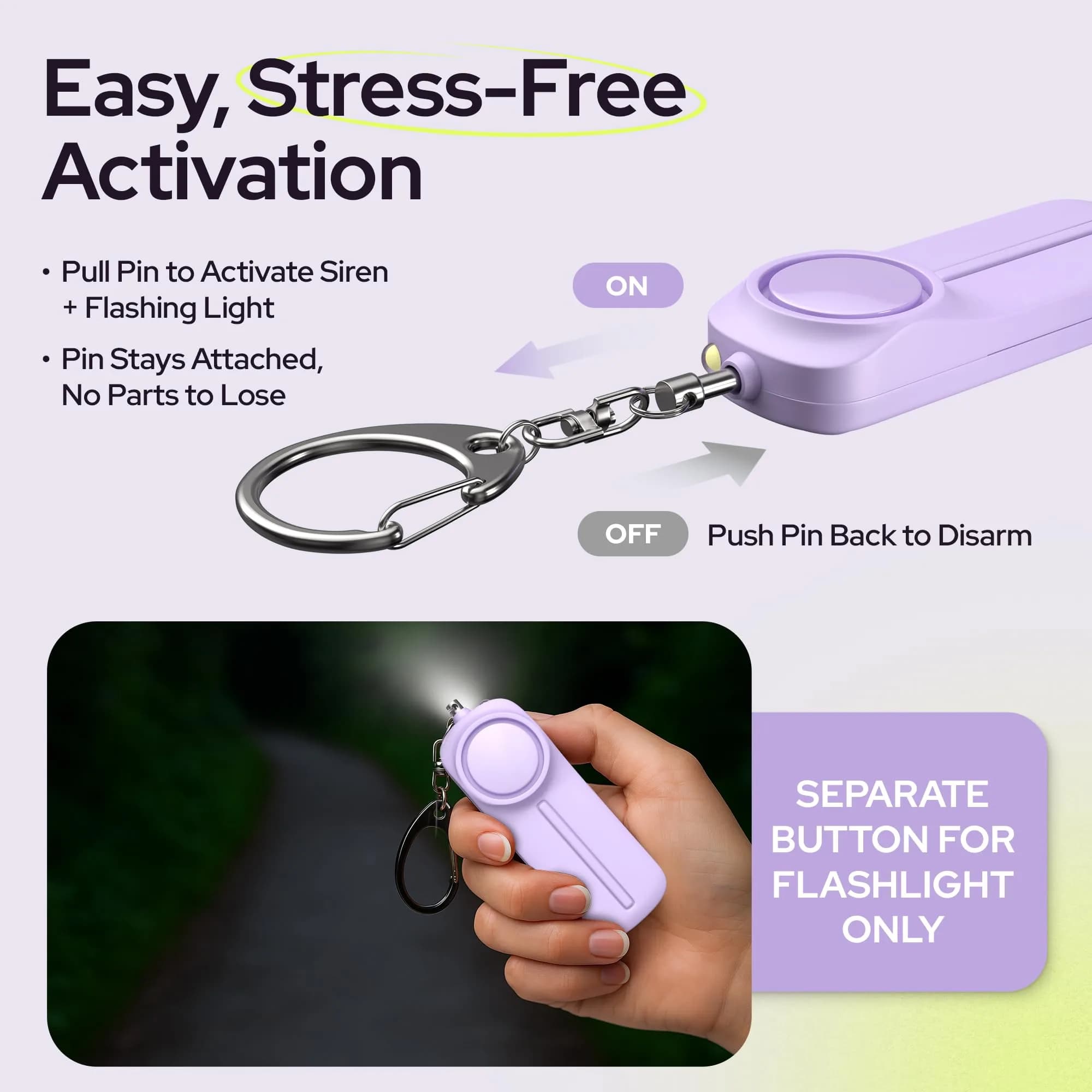 WETEN Personal Safety Alarm Keychain - E - Purple, 130dB Siren & LED Light - view 3