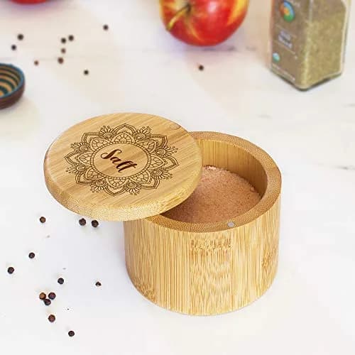 Totally Bamboo Mandala Flower Salt Cellar Bamboo Storage Box with Magnetic Swivel Lid, 6 oz (170 ml) | Keep Spices Handy thumbnail 2