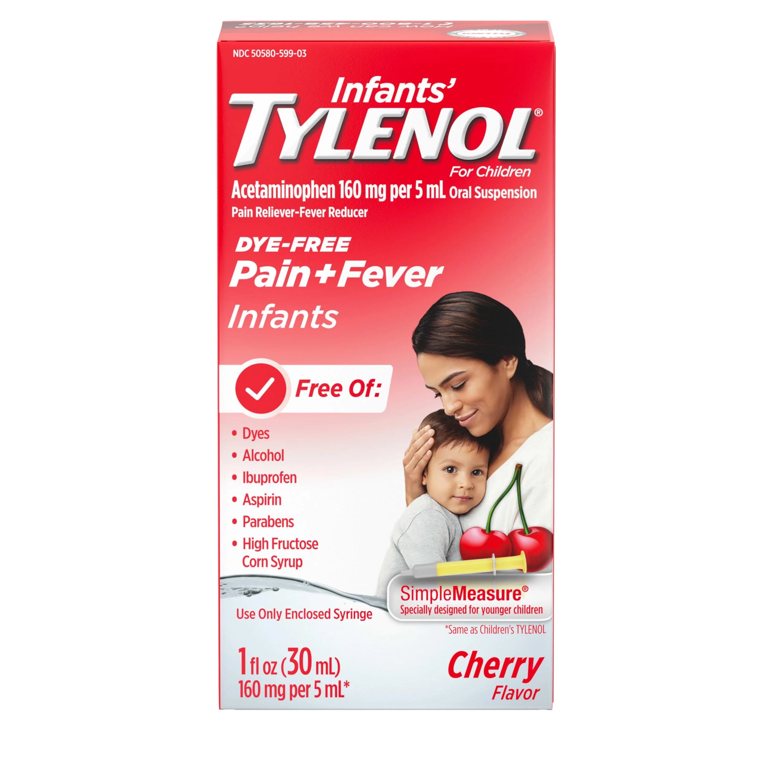 Tylenol Infants Dye-Free Acetaminophen Oral Suspension Cherry 30ml (1 Fl Oz) | Pain & Fever Relief for Babies