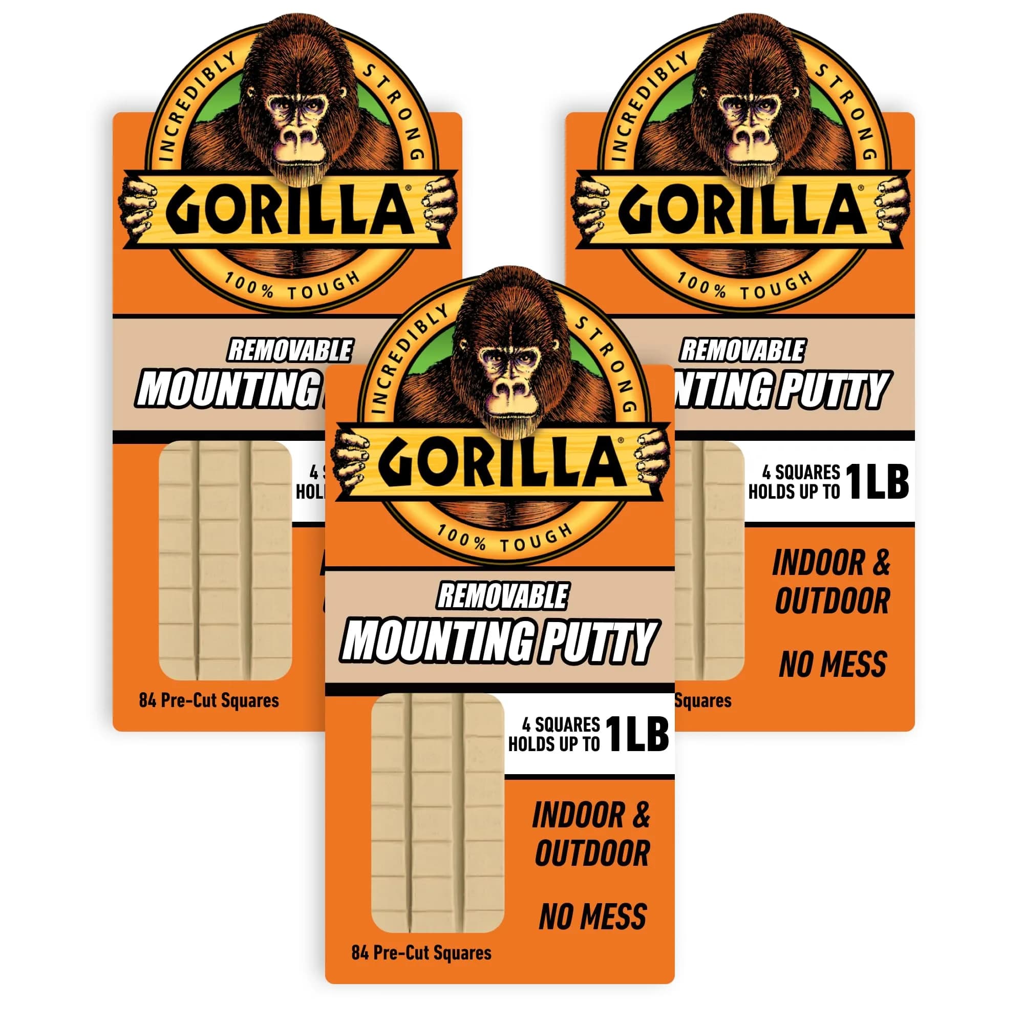 Gorilla Mounting Putty Natural Tan Color 84 Pre-Cut Squares | Holds up to 2 lbs — 252 Squares / 2 Ounce