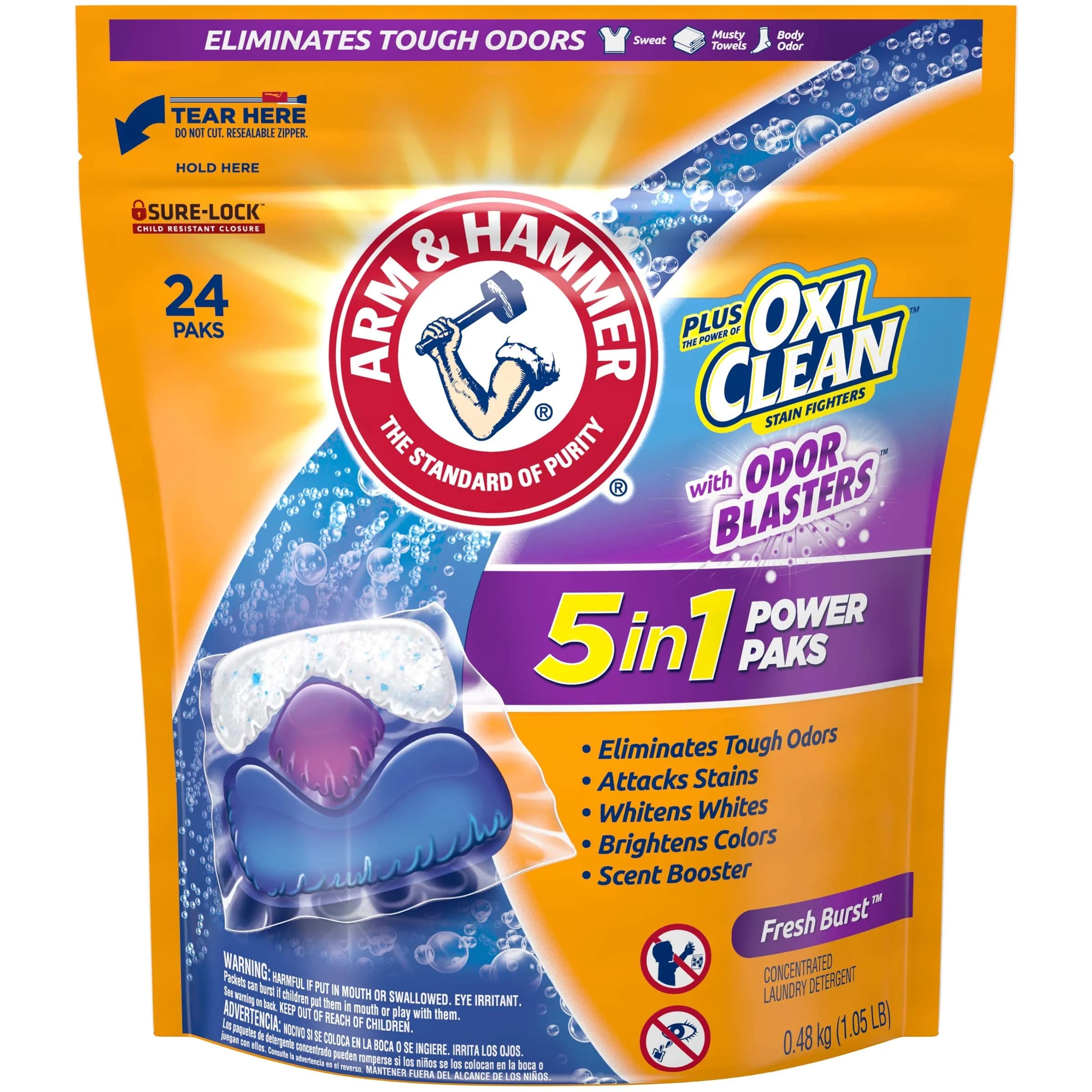 Arm & Hammer Plus OxiClean Odor Blasters Laundry Detergent Pods, 42 Count | Concentrated Formula for Tough Odors — Fresh Burst