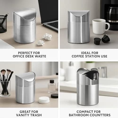 JILLICK Small Mini Trash Can with Lid, Brushed Stainless Steel 1.5L (0.4 Gal) | Compact Countertop Bin thumbnail 6
