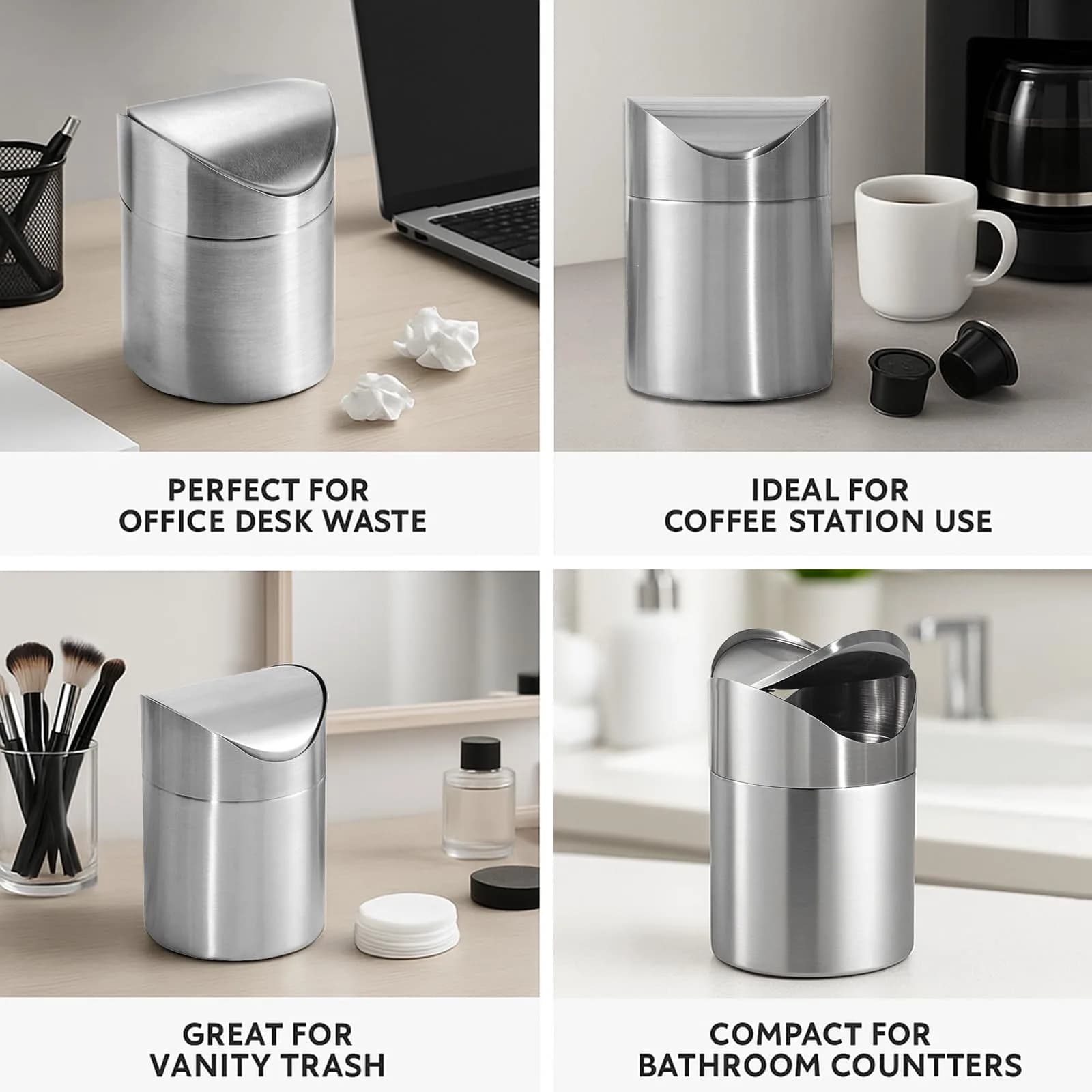 JILLICK Small Mini Trash Can with Lid, Brushed Stainless Steel 1.5L (0.4 Gal) | Compact Countertop Bin - view 6