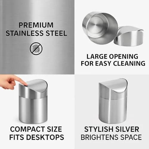 JILLICK Small Mini Trash Can with Lid, Brushed Stainless Steel 1.5L (0.4 Gal) | Compact Countertop Bin thumbnail 7