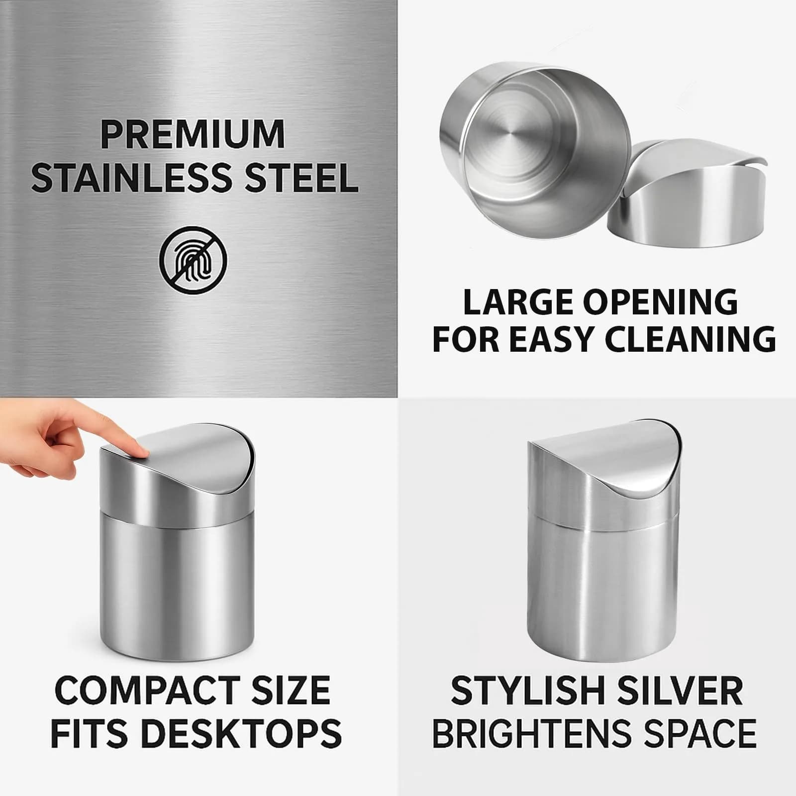 JILLICK Small Mini Trash Can with Lid, Brushed Stainless Steel 1.5L (0.4 Gal) | Compact Countertop Bin - view 7