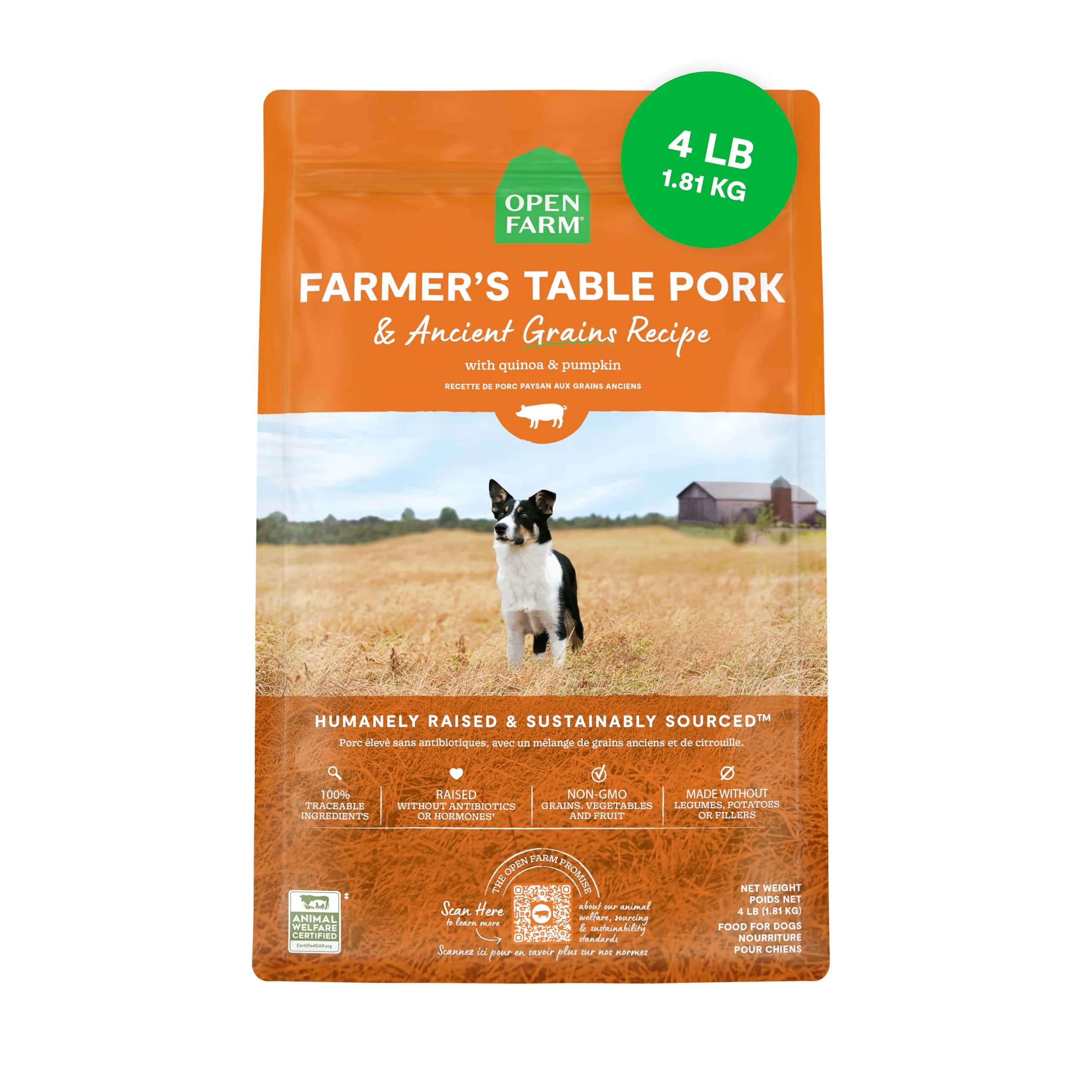 Open Farm Ancient Grains Dry Dog Food, Farmer's Table Pork Kibble, 1.81kg (4lb) | Grain-Inclusive, Sensitive Stomach Support — Farmer's Table Pork