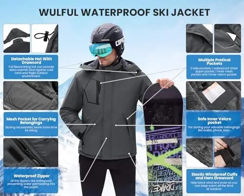 WULFUL Men's Waterproof Ski Jacket Warm Winter Coats Windproof with Hood | Fleece Lined, Relaxed Fit, Water & Windproof thumbnail 6