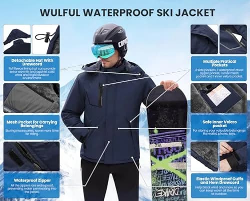 WULFUL Men's Waterproof Ski Jacket Warm Winter Coats Windproof with Hood | Fleece Lined, Relaxed Fit, Water & Wind Resistant thumbnail 6