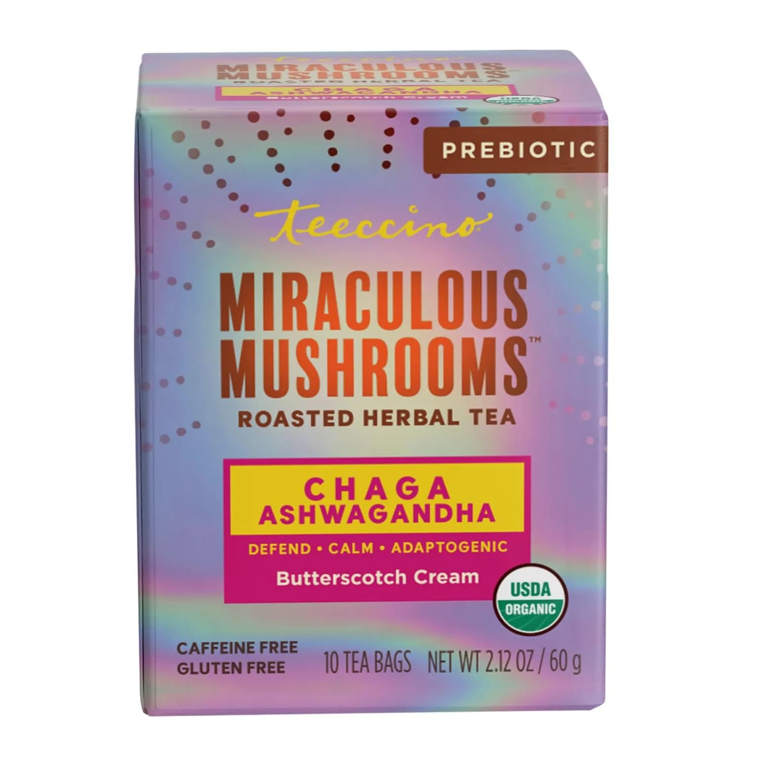 Teeccino Chaga Ashwagandha Tea - Butterscotch Cream - 10 TeaBags - Organic Mushroom Adaptogenic Herbal Tea, 3x More Herbs than Regular Tea Bags, Prebiotic, Caffeine Free, Gluten Free