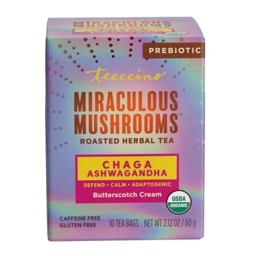 Teeccino Chaga Ashwagandha Tea - Butterscotch Cream - 10 TeaBags - Organic Mushroom Adaptogenic Herbal Tea, 3x More Herbs than Regular Tea Bags, Prebiotic, Caffeine Free, Gluten Free thumbnail 1