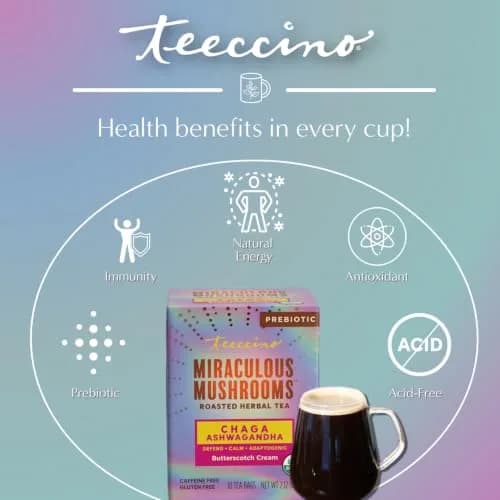 Teeccino Chaga Ashwagandha Tea - Butterscotch Cream - 10 TeaBags - Organic Mushroom Adaptogenic Herbal Tea, 3x More Herbs than Regular Tea Bags, Prebiotic, Caffeine Free, Gluten Free thumbnail 4