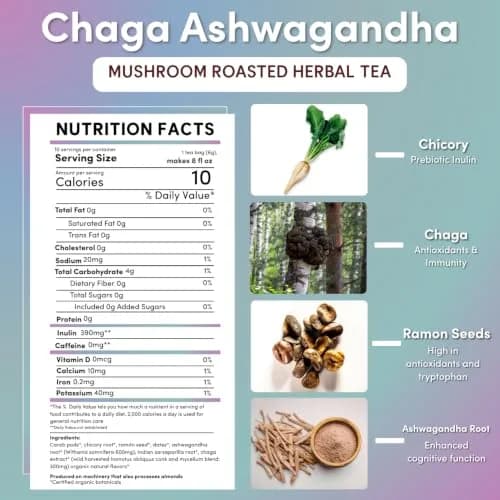 Teeccino Chaga Ashwagandha Tea - Butterscotch Cream - 10 TeaBags - Organic Mushroom Adaptogenic Herbal Tea, 3x More Herbs than Regular Tea Bags, Prebiotic, Caffeine Free, Gluten Free thumbnail 2