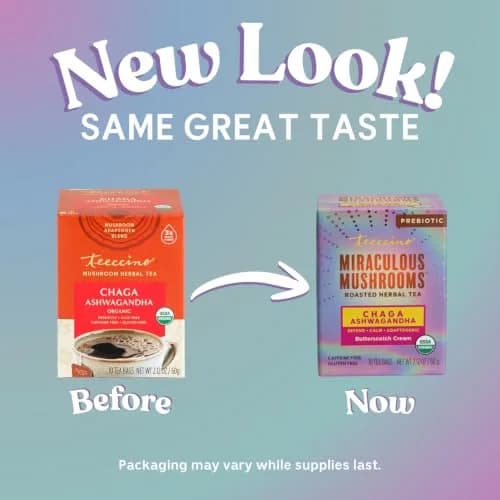 Teeccino Chaga Ashwagandha Tea - Butterscotch Cream - 10 TeaBags - Organic Mushroom Adaptogenic Herbal Tea, 3x More Herbs than Regular Tea Bags, Prebiotic, Caffeine Free, Gluten Free thumbnail 3