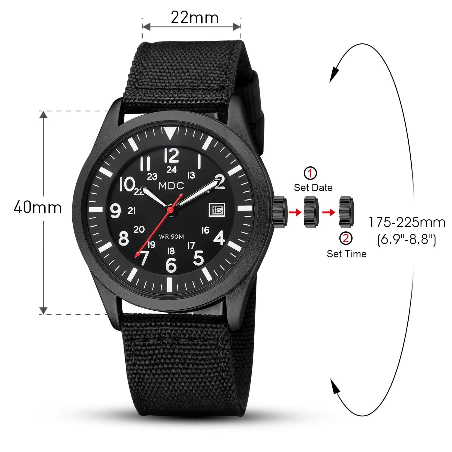 Infantry Mens Military Field Watch 40mm (1.57 inches) | Easy Read Large Face, Black Nylon Band - view 6