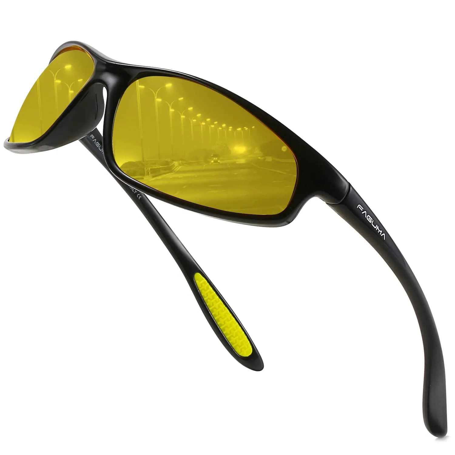 FAGUMA Polarized Sports Sunglasses For Men UV400 Protection Matte Black/Green Mirror | Polarized, Anti-Glare, Lightweight — Gloss Black/Yellow