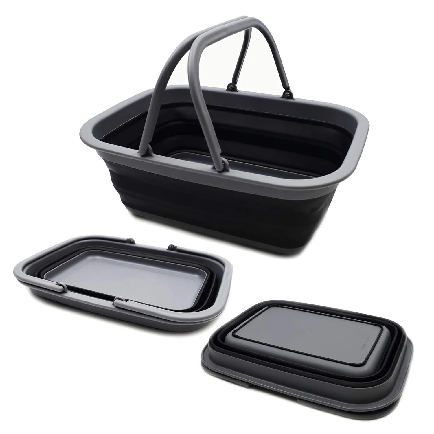 SAMMART 9.2L Collapsible Picnic Basket with Handles | Space Saving, Portable & Foldable (Grey/Black) — Grey/Black