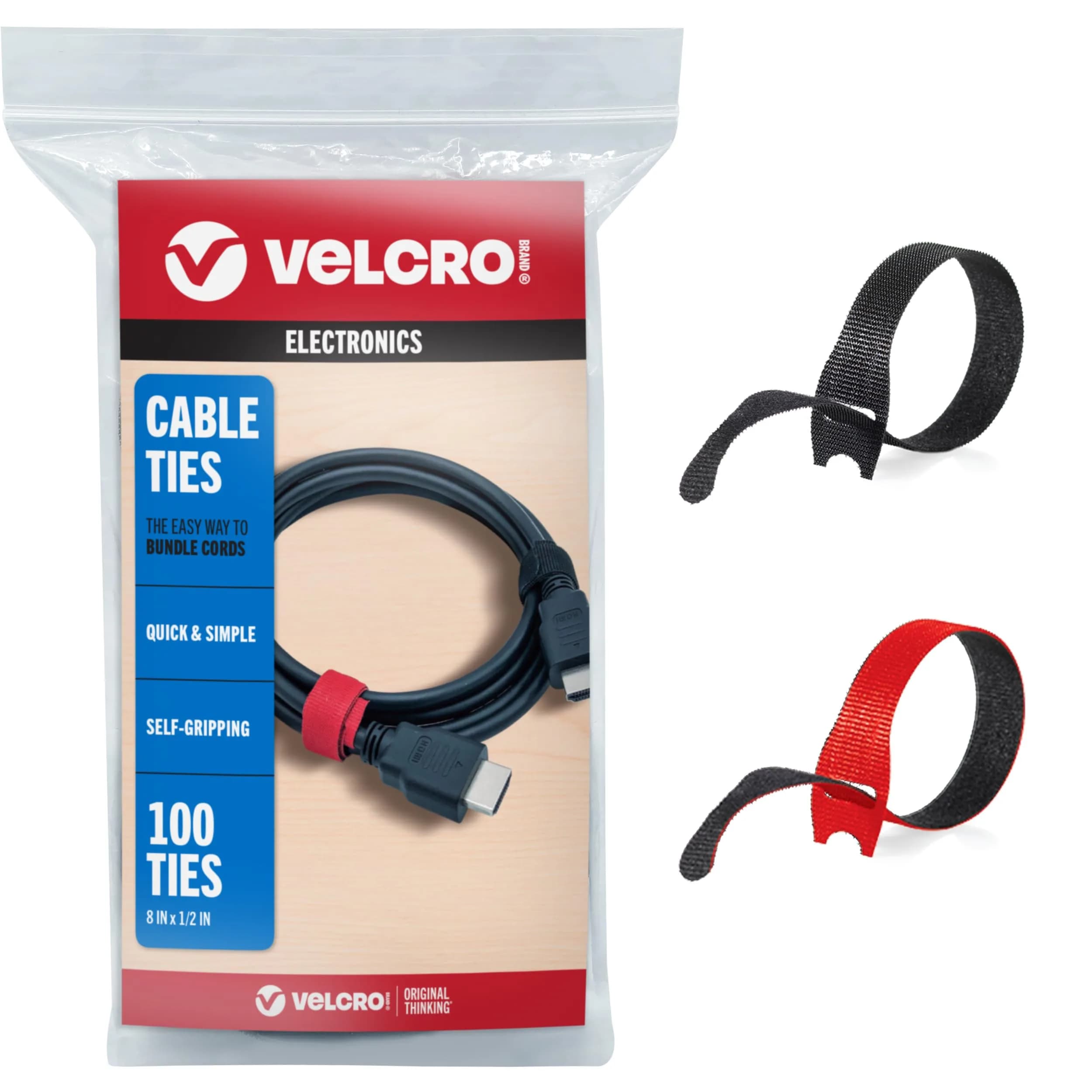 VELCRO Brand ONE-WRAP Cable Ties, 8in x 1/2in (20.3cm x 1.27cm), Black/Red, 100 Pack | Reusable Self-Fastening Wire Organizers — Red and Black