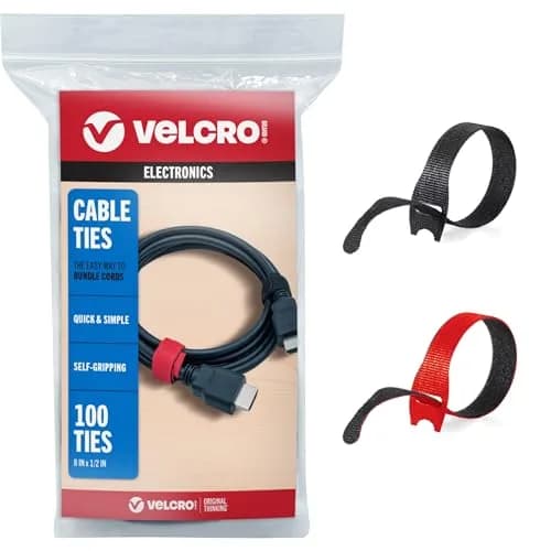 VELCRO Brand ONE-WRAP Cable Ties, 8in x 1/2in (20.3cm x 1.27cm), Black/Red, 100 Pack | Reusable Self-Fastening Wire Organizers - main product image