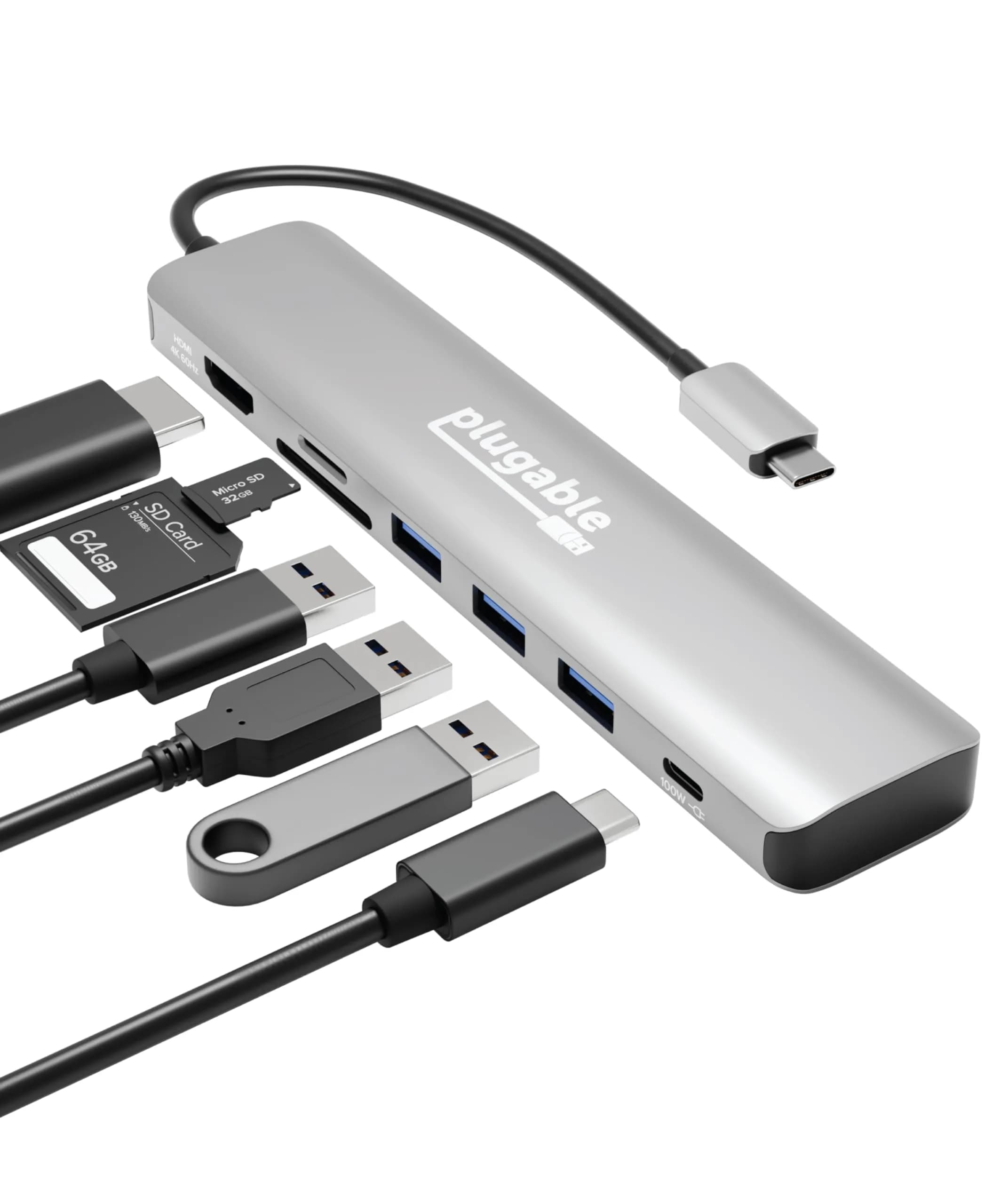 Plugable USB-C Hub 7-in-1 for Single HDMI Display | Driverless Hub, 100W Power Delivery, 4K HDMI, USB 3.0 Ports, SD/microSD Card Reader — Gray