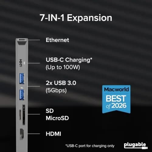 Plugable USB-C Hub 7-in-1 for Single HDMI Display | Driverless Hub, 100W Power Delivery, 4K HDMI, USB 3.0 Ports, SD/microSD Card Reader thumbnail 2