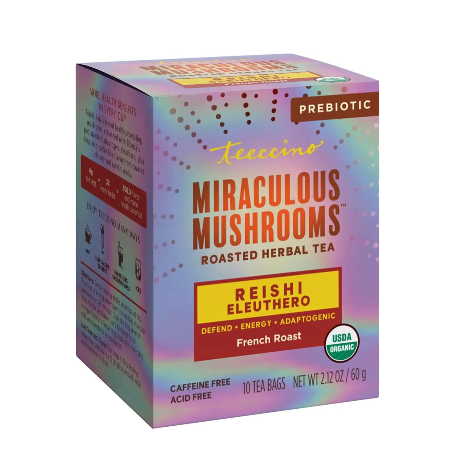 Teeccino Reishi Eleuthero Tea - French Roast - 10 TeaBags | Organic Mushroom Adaptogenic Herbal Tea, Caffeine Free, Chicory Prebiotic — French Roast