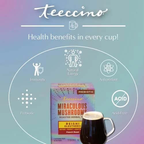 Teeccino Reishi Eleuthero Tea - French Roast - 10 TeaBags | Organic Mushroom Adaptogenic Herbal Tea, Caffeine Free, Chicory Prebiotic thumbnail 4