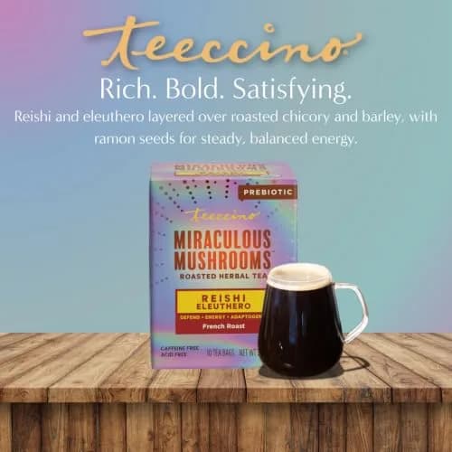 Teeccino Reishi Eleuthero Tea - French Roast - 10 TeaBags | Organic Mushroom Adaptogenic Herbal Tea, Caffeine Free, Chicory Prebiotic thumbnail 6