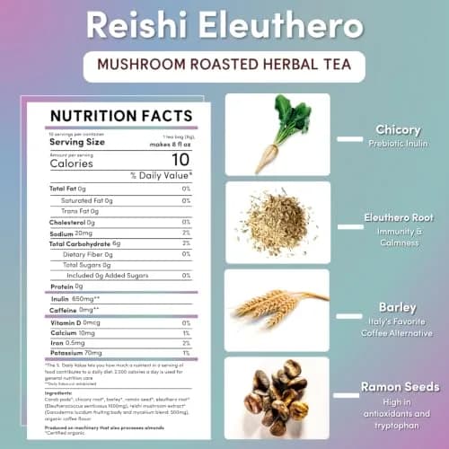 Teeccino Reishi Eleuthero Tea - French Roast - 10 TeaBags | Organic Mushroom Adaptogenic Herbal Tea, Caffeine Free, Chicory Prebiotic thumbnail 2