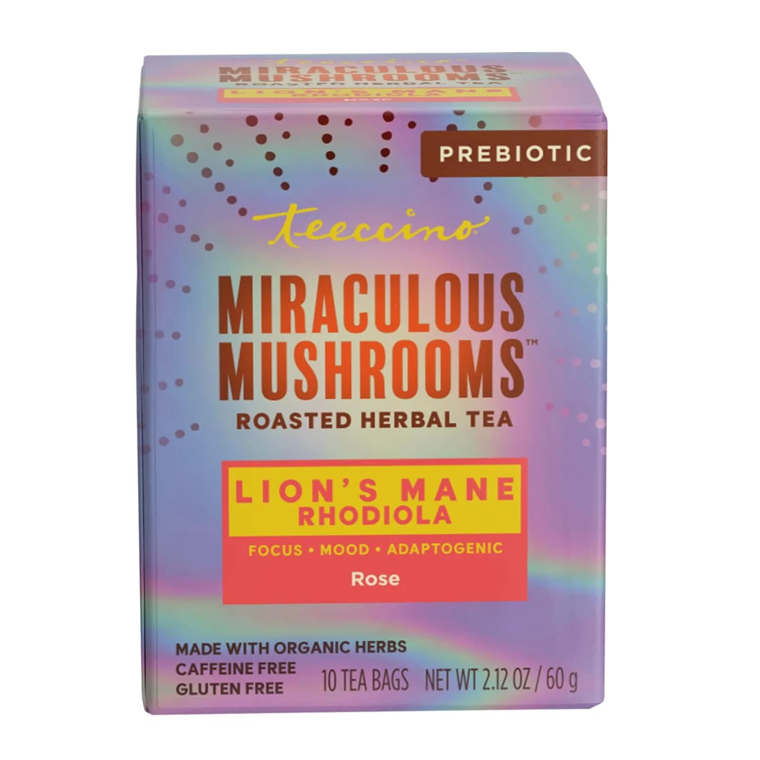 Teeccino Caffeine-Free Mushroom Adaptogenic Herbal Tea - 10 Tea Bags | Lion’s Mane Rhodiola Rose, Lightly Sweet from Dates & Figs — Rose