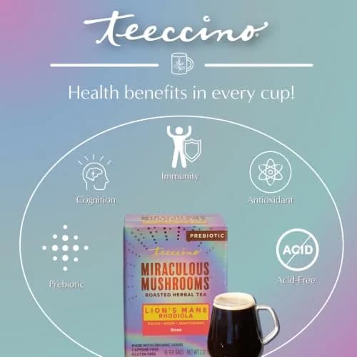 Teeccino Caffeine-Free Mushroom Adaptogenic Herbal Tea - 10 Tea Bags | Lion’s Mane Rhodiola Rose, Lightly Sweet from Dates & Figs thumbnail 4