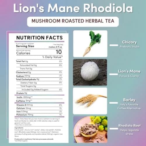 Teeccino Caffeine-Free Mushroom Adaptogenic Herbal Tea - 10 Tea Bags | Lion’s Mane Rhodiola Rose, Lightly Sweet from Dates & Figs thumbnail 2