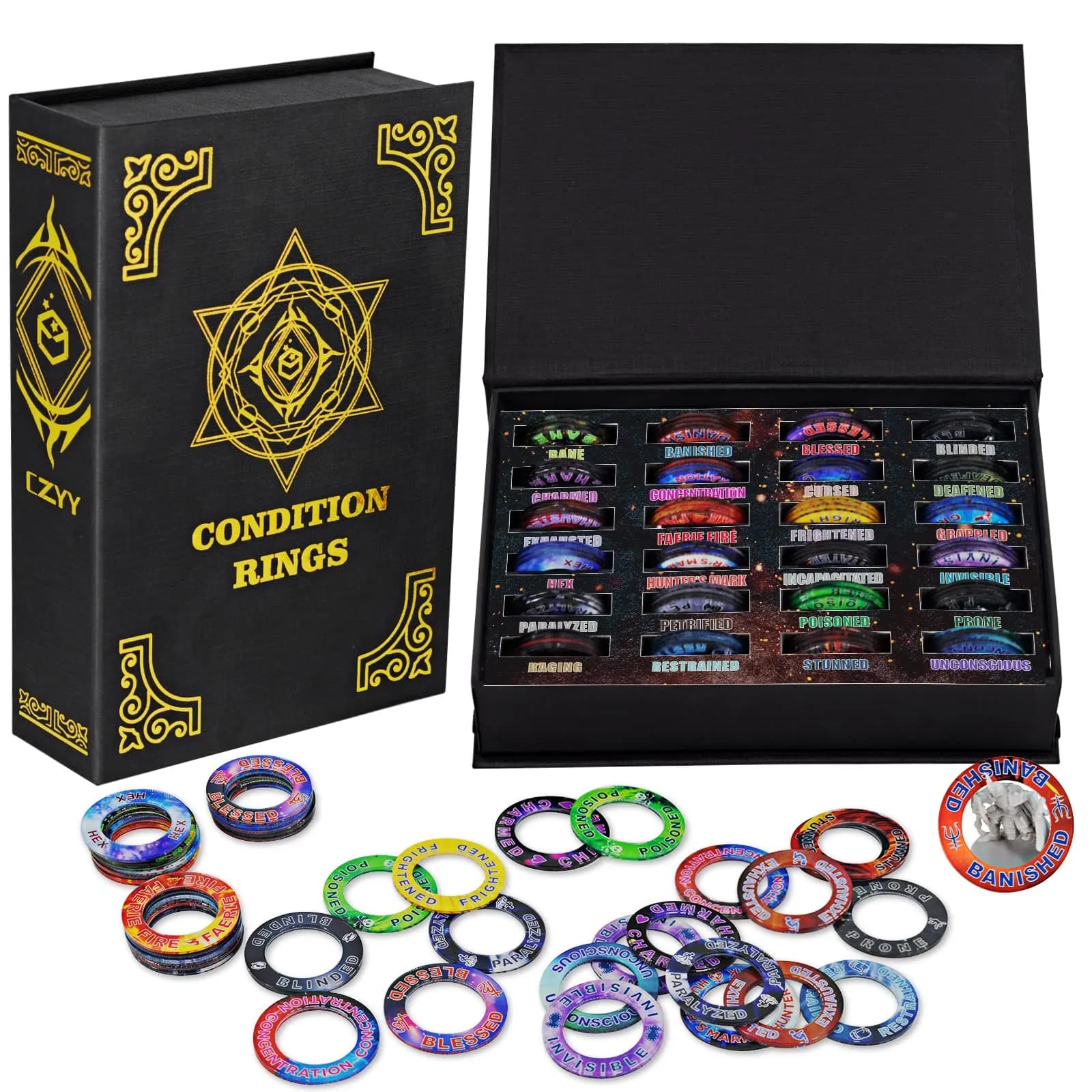 CZYY DND Condition Rings, 96 Status Effect Markers with Storage Box | ABS Plastic, Color Printed Icons