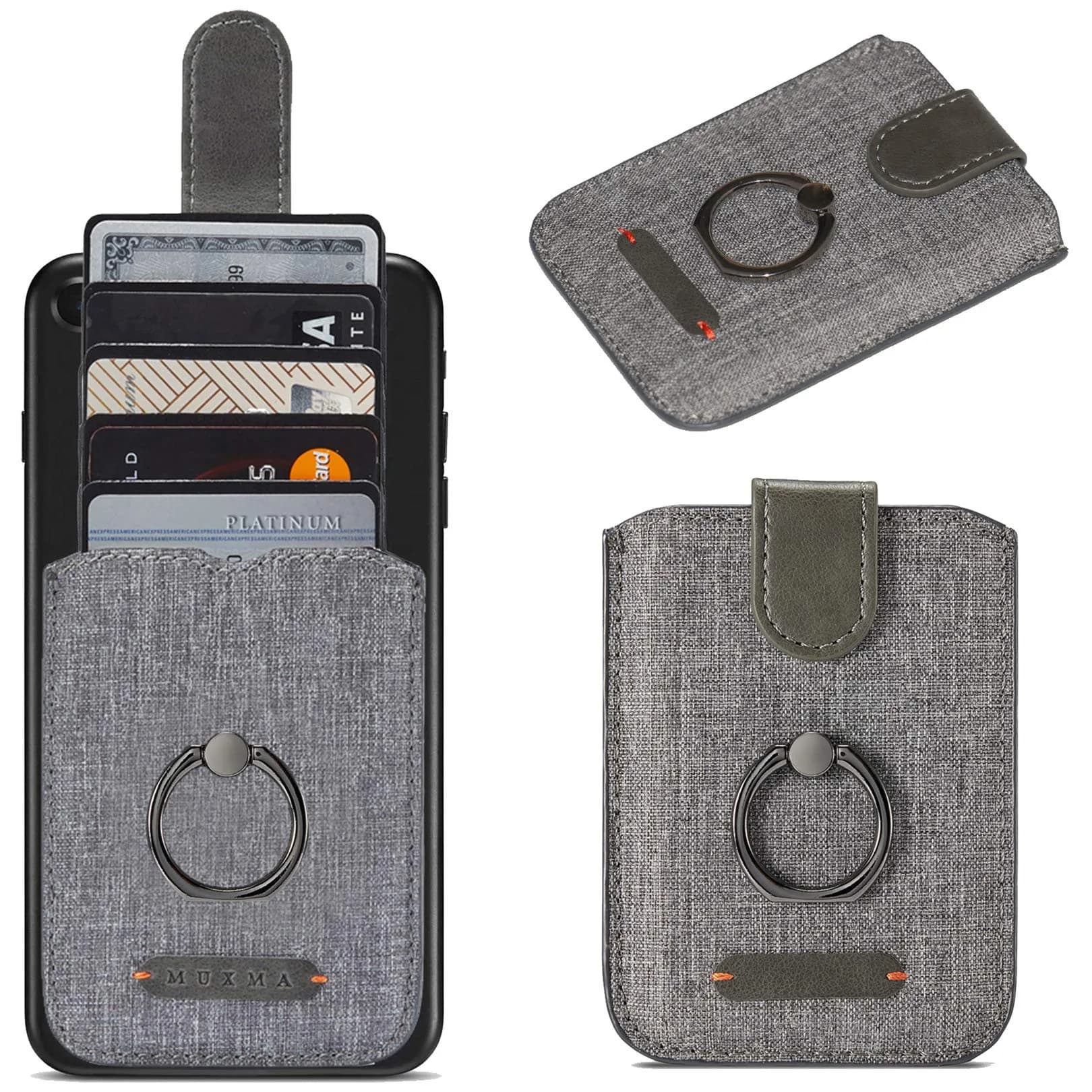 BIAJIYA Phone Card Holder Wallet with Stand | Holds 6 Cards, Durable Leather, Easy Stick-On Fit — Gray