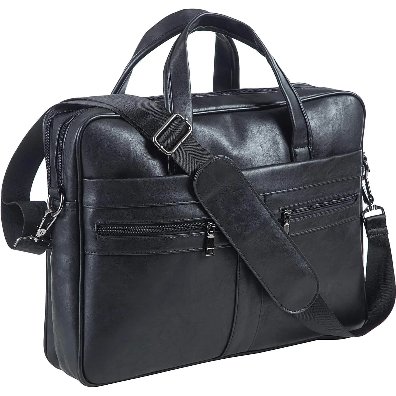 seyfocnia Men's 17.3 Inch Laptop Messenger Bag | Brown PU Leather Business Satchel with 9 Pockets — 17.3inch / Black