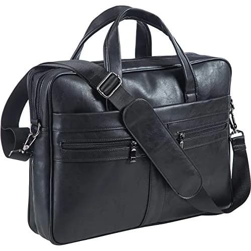 seyfocnia Black Leather Messenger Bag for 17.3 Inch Laptops | Water-Resistant Business Satchel with Multiple Compartments thumbnail 1