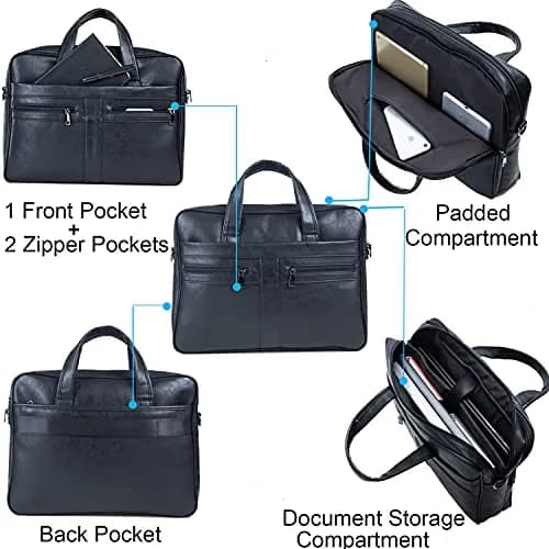 seyfocnia Black Leather Messenger Bag for 17.3 Inch Laptops | Water-Resistant Business Satchel with Multiple Compartments thumbnail 4