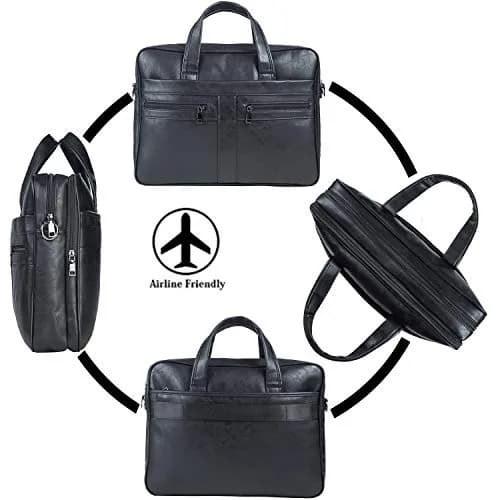 seyfocnia Black Leather Messenger Bag for 17.3 Inch Laptops | Water-Resistant Business Satchel with Multiple Compartments thumbnail 5