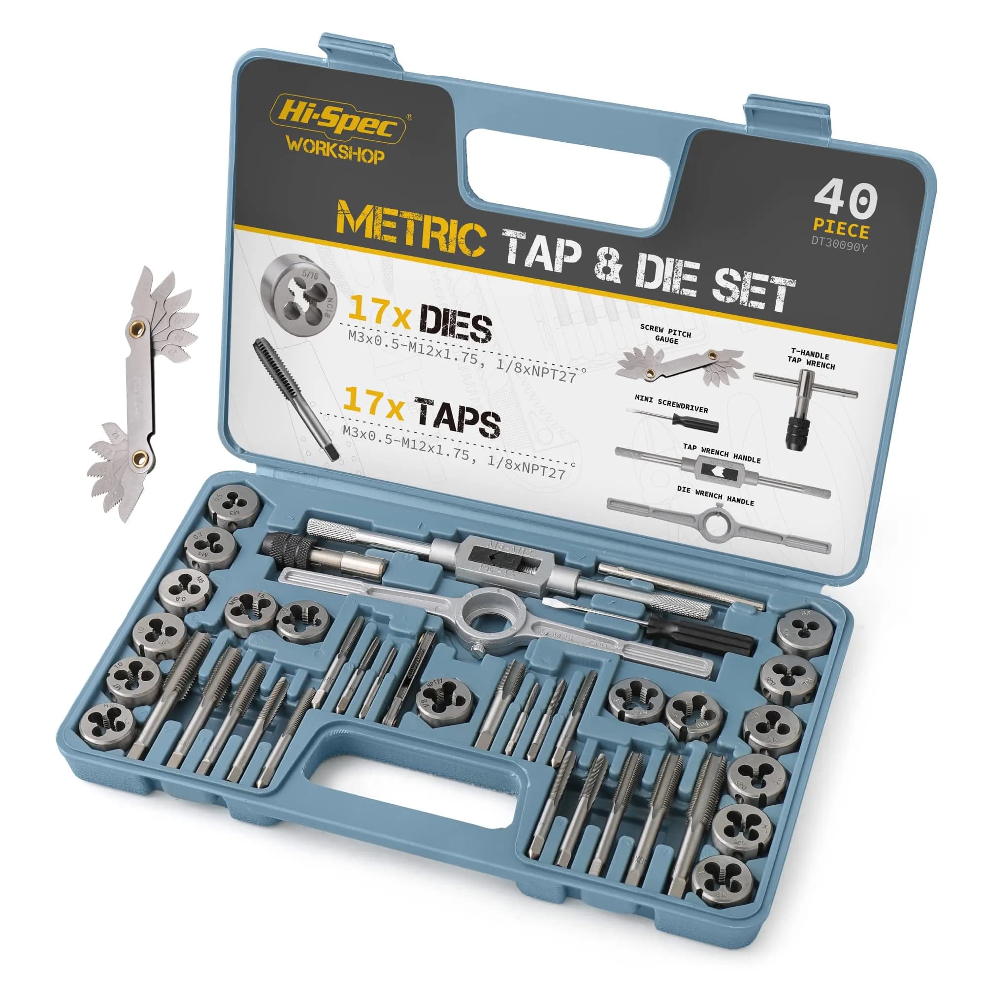 Hi-Spec 39pc Metric Tap and Die Set M3-M12 with Wrench and Gauge | Repair Worn Threads, Cut Clean New Threads - main product image