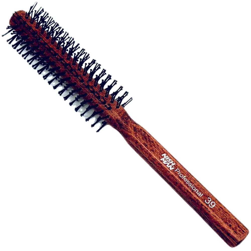 nishman Round Brush 10 Rows 15/39 mm Nylon Bristles Wooden Body | Detangling & Styling Tool for All Hair Types
