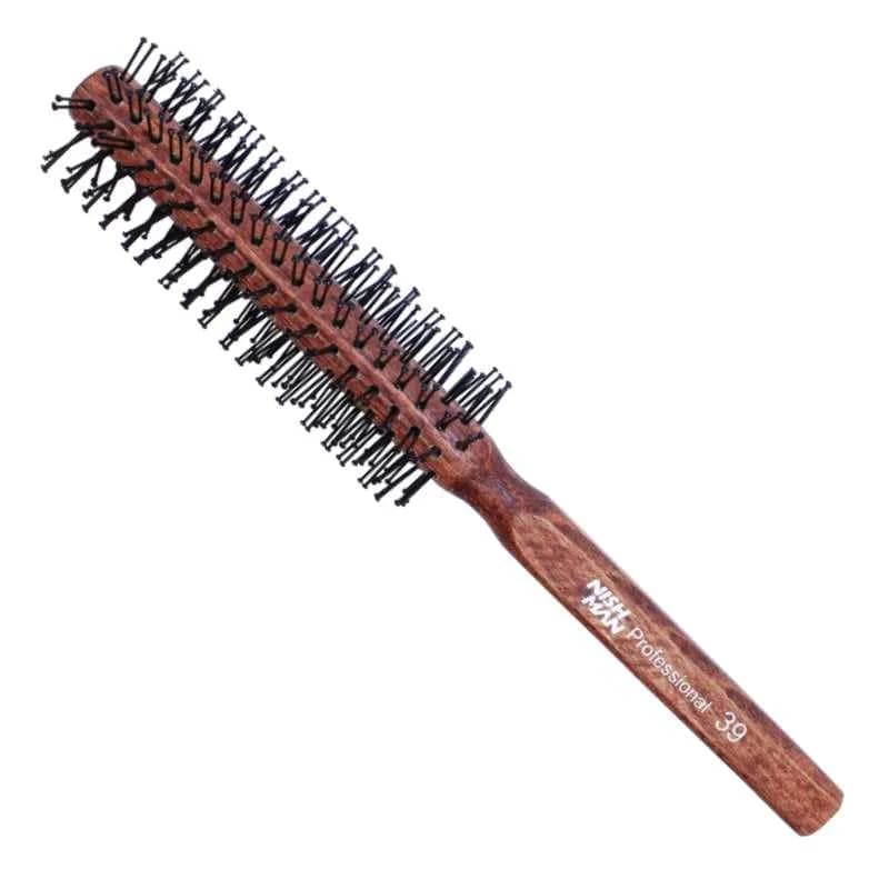 nishman Round Brush 10 Rows 15/39 mm Nylon Bristles Wooden Body | Detangling & Styling Tool for All Hair Types thumbnail 2
