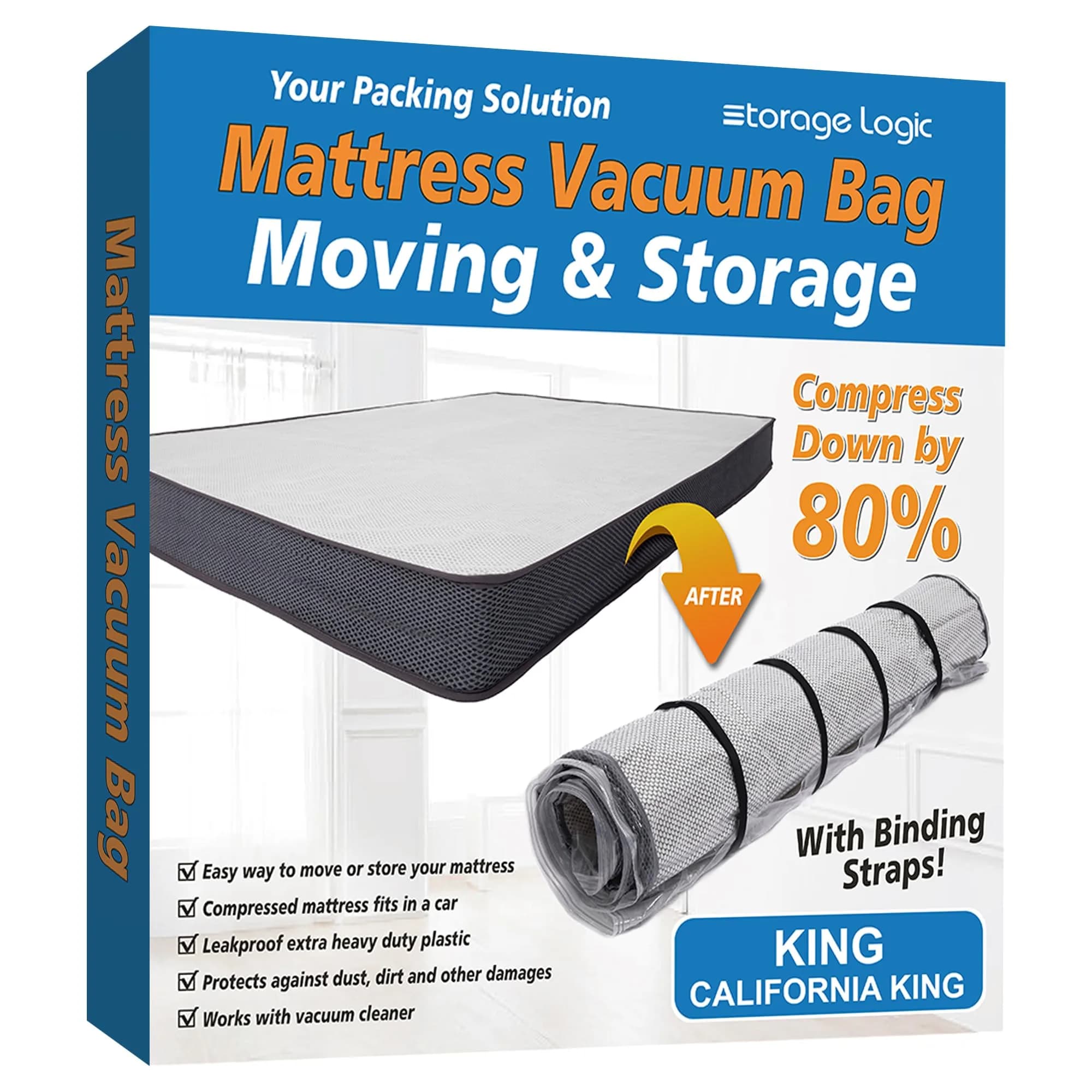 Storage Logic King/Cal-King Mattress Vacuum Bag with 4 Straps | Compresses 80% for Moving & Storage - main product image