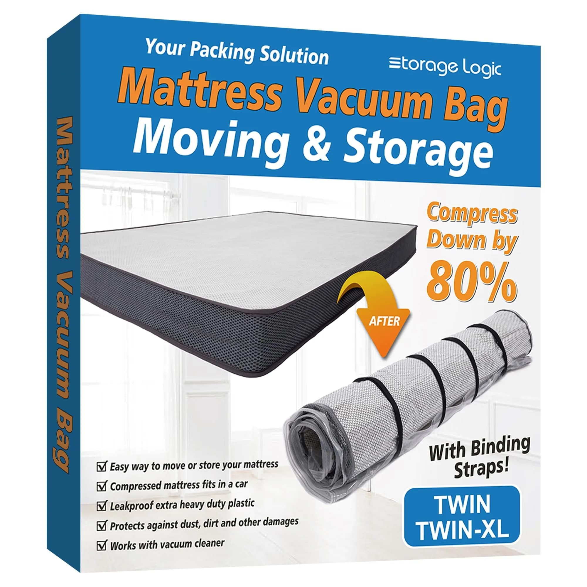 Storage Logic King/Cal-King Mattress Vacuum Bag with 4 Straps | Compresses 80% for Moving & Storage — Twin/Twin-XL