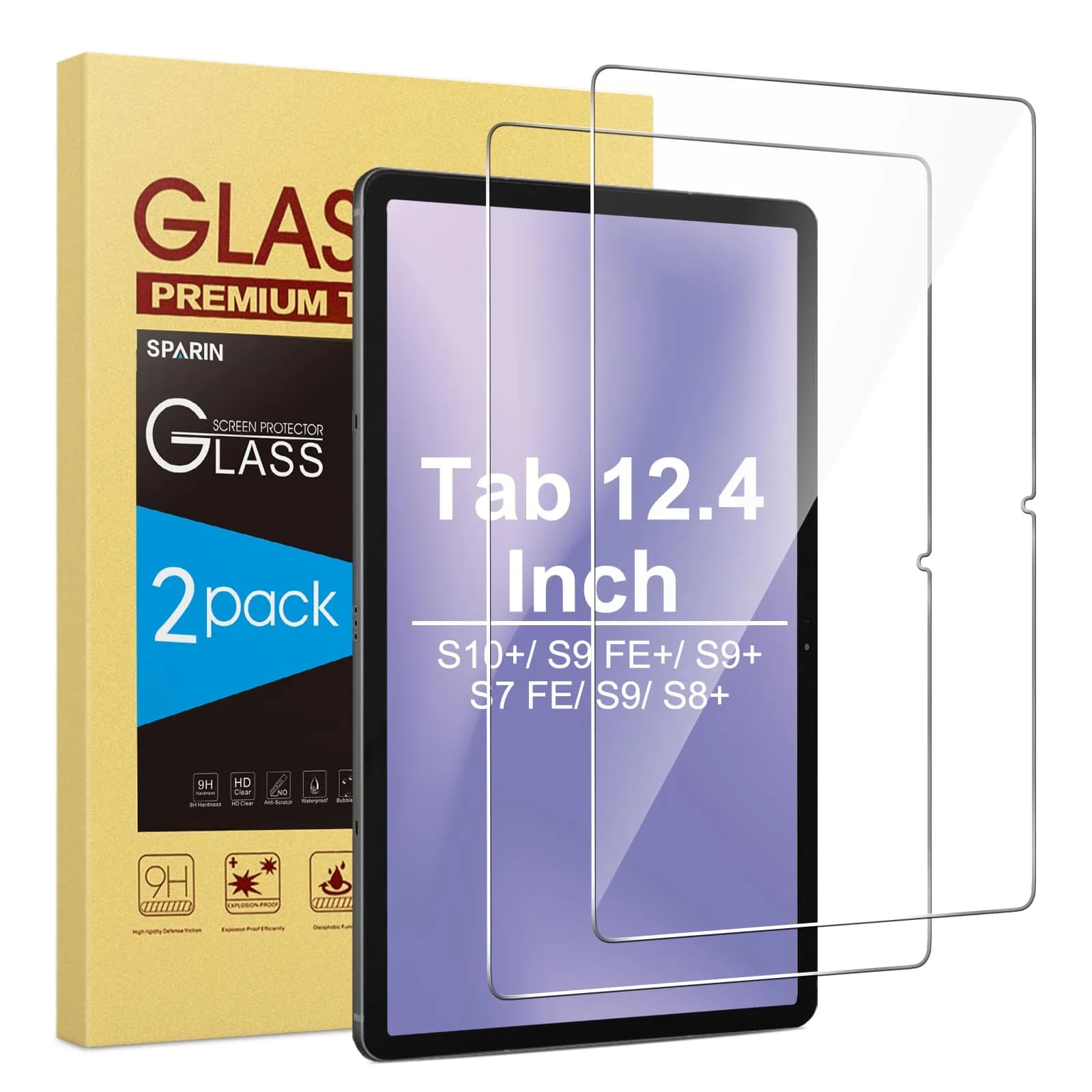 SPARIN Tempered Glass Screen Protector for Samsung Galaxy Tab S7 FE/S9 Plus/S9 FE Plus 12.4 Inch | 2-Pack HD Clear, S Pen Compatible — 12.4 Inch