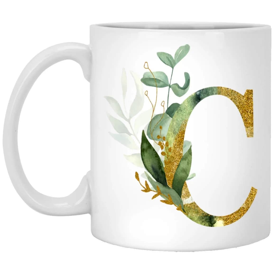 IRIDESCENT Alpha/C Graphic Letter C Coffee Mug 325ml (11 Ounces) | Gold Shimmer Floral Tea Cup — White