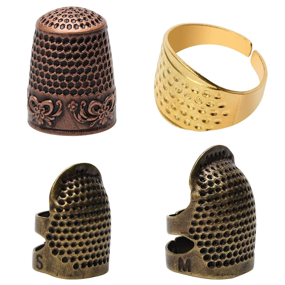 Zhaoyao 4 Piece Sewing Thimble Set Adjustable Metal Finger Protector for Needlework & DIY Sewing (4 Styles, Brass, 1.4cm x 2.5cm x 1.7cm)